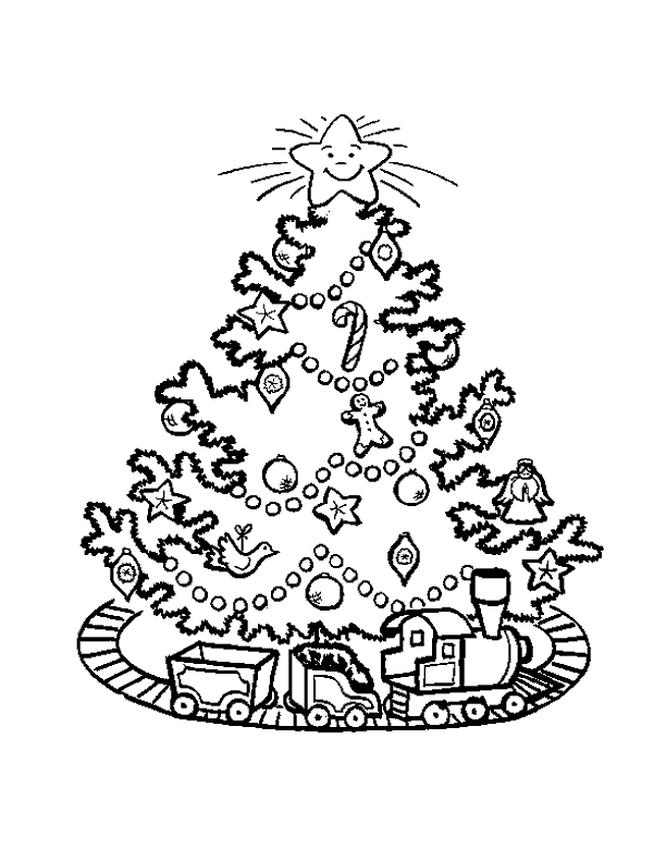Christmas tree and train coloring page